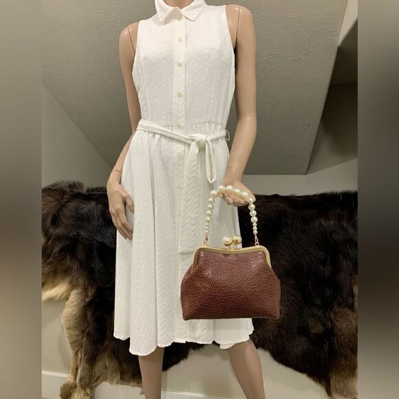 Brown Handmade Embossed Cowhide, Big Pearl Kisslock Clutch/Wristlet/Crossbody - Picture 8 of 15